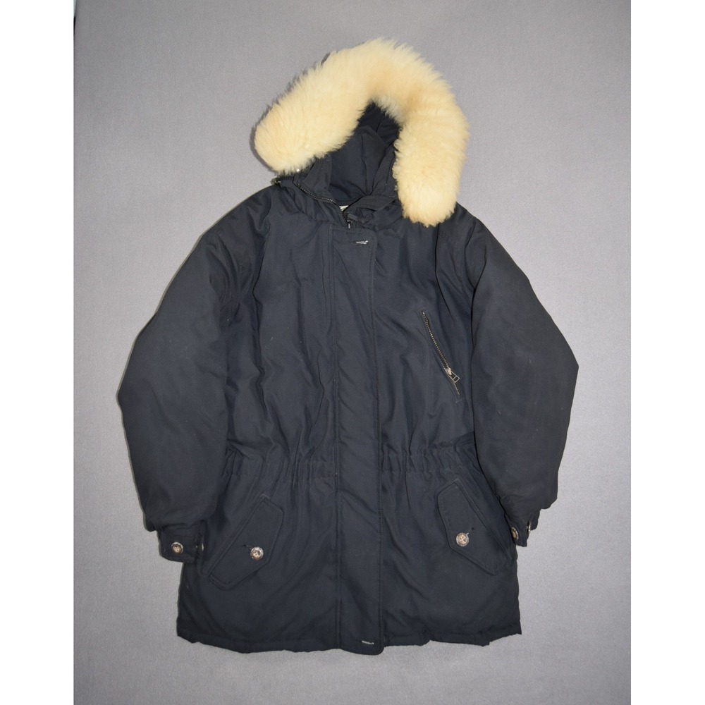 Eddie Bauer Jacket Womens Medium Black Polar Parka Goose Down Fur Trim Puffer